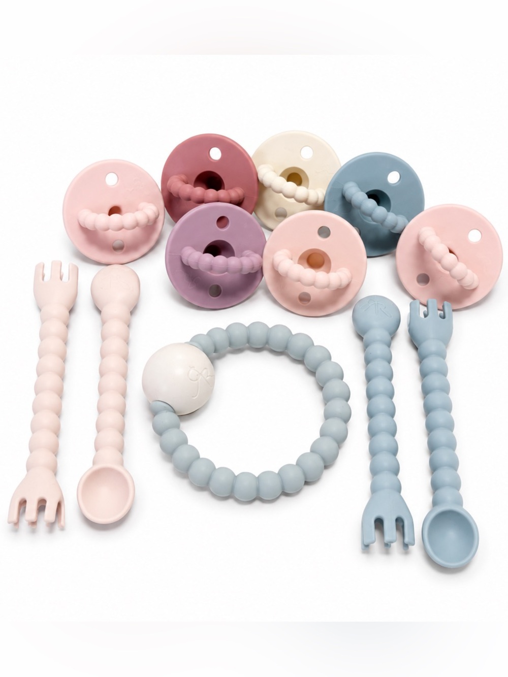 Ryan & Rose Cutie Collection Bundle – 7 Pacifiers, 2 Cutie Tensils & Rattle